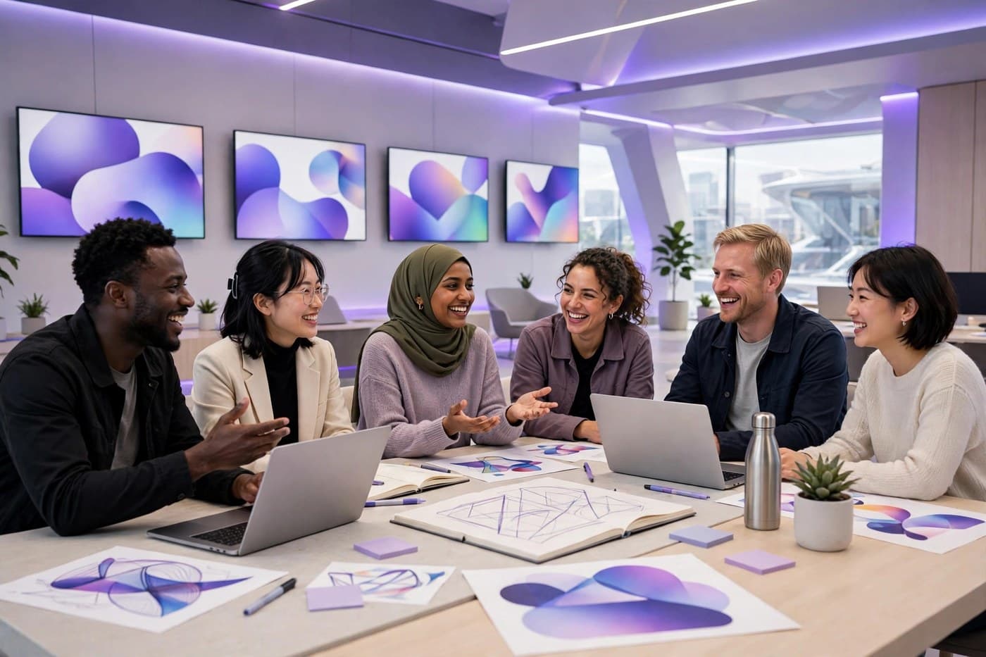 Équipe d'agence joyeuse qui collabore autour de plusieurs marques