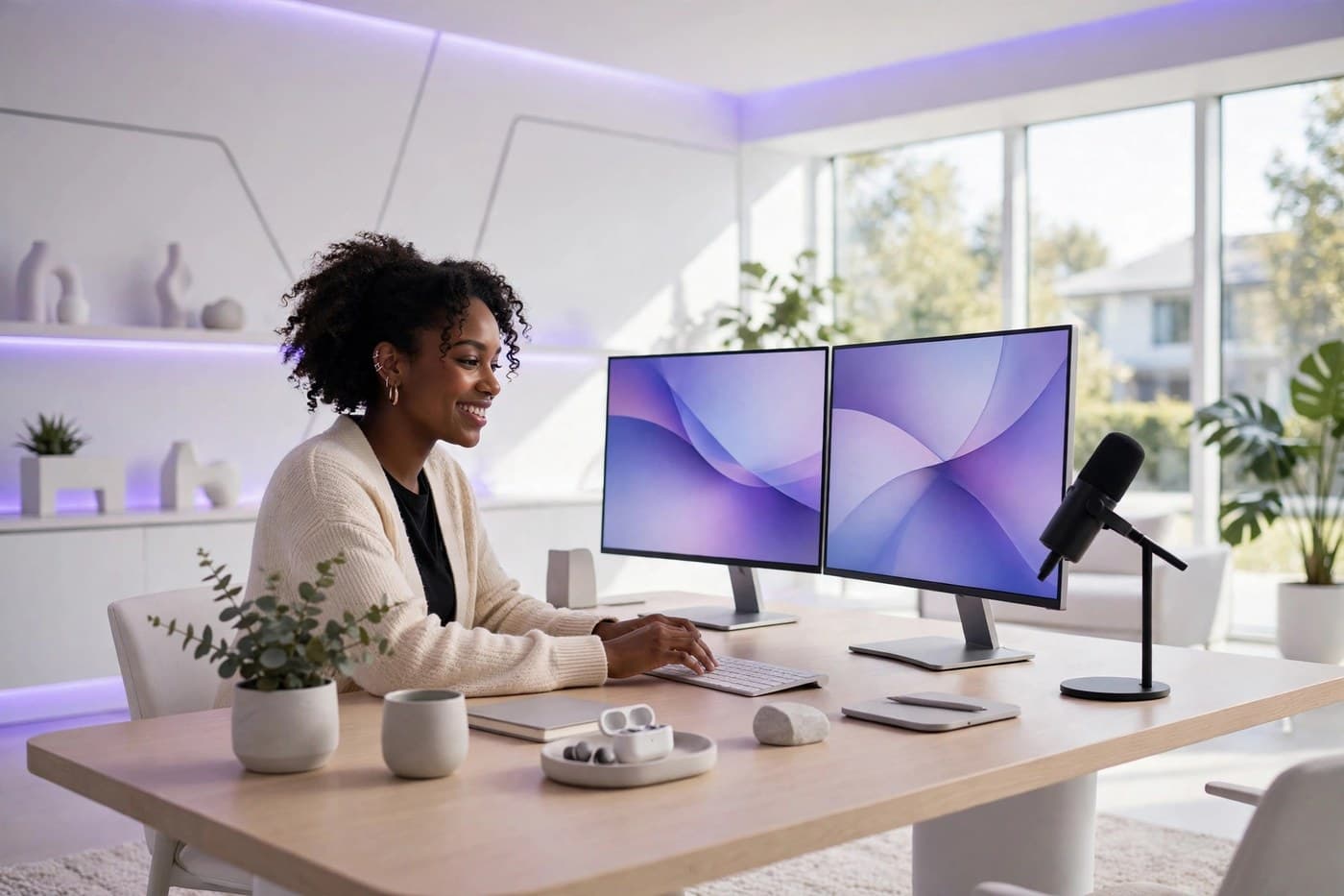 Créatrice de contenu joyeuse en train de monter une vidéo à son bureau