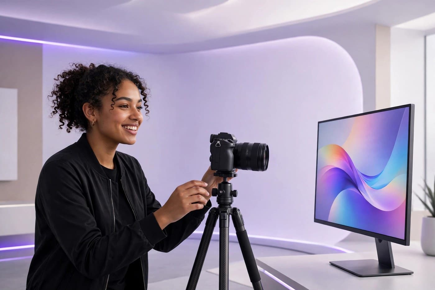 Créatrice de contenu joyeuse en train de filmer une vidéo dans son studio